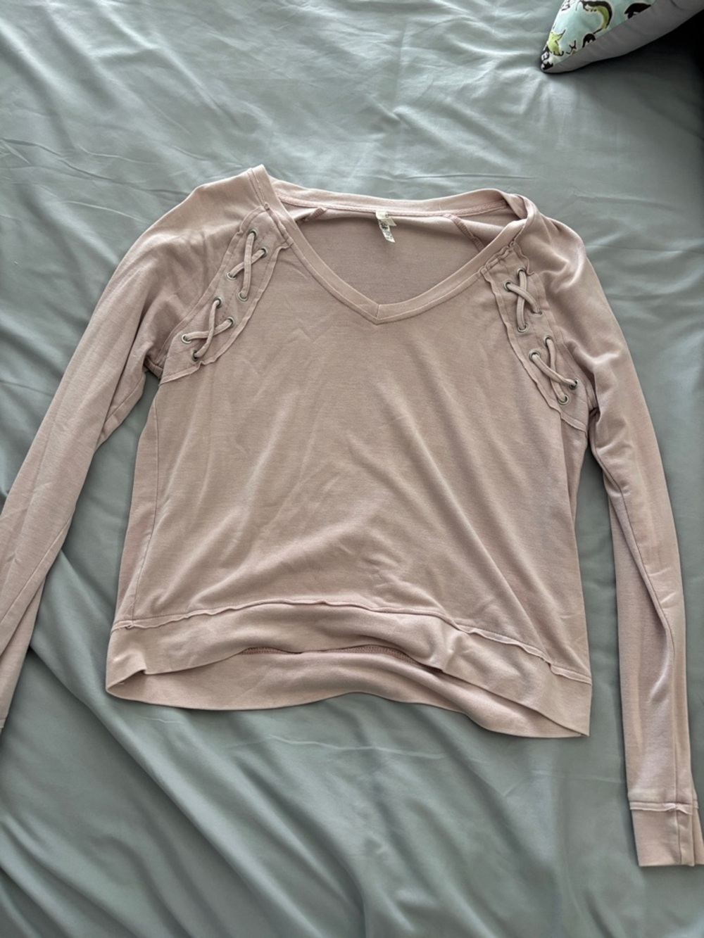 Mudd Lace-Up Shoulder V-Neck Long Sleeve Top - Light Blush